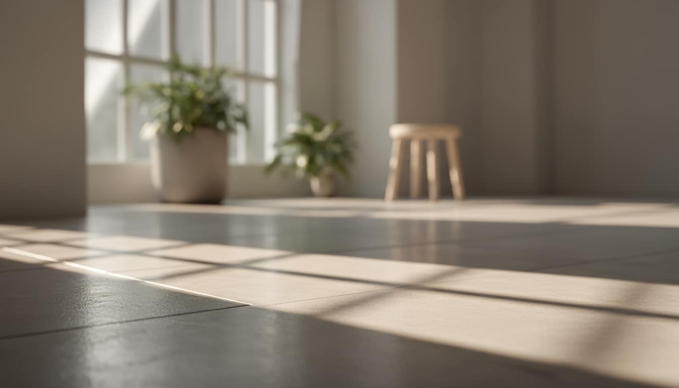 Nyvasket gulv i lyst rum med sollys, grønne planter og en træskammel.